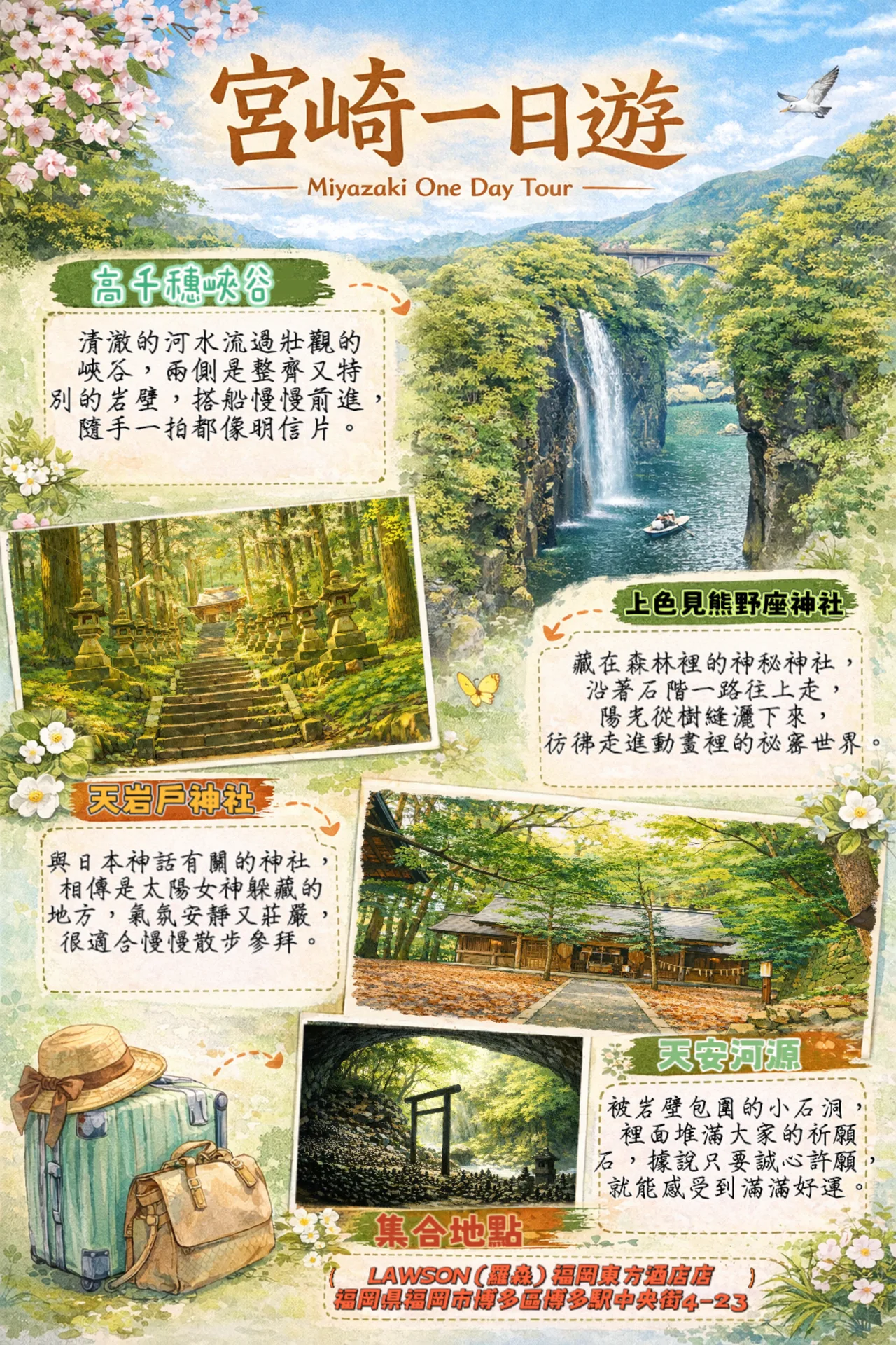 One-day trip to Kyushu Miyazaki: Kamishikimi Kumanoza Shrine & Takachiho Gorge & Ama-no-Iwato Shrine & Ama-no-Yasugawara (Departure from Fukuoka, including a special lunch)